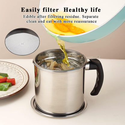 Bacon Grease Container With Strainer, 48 oz Stainless Steel Oil Container, Pot Fat Storage With Lid, Easy Grip Handle Suitable For Storing Frying Oil And Cooking Grease 1. Silver