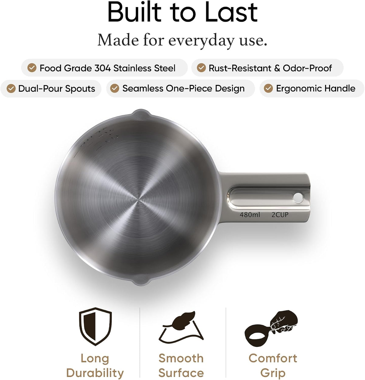 Color Up 2 Cup Measuring Cup, 480ml Stainless Steel Metal, Easy-Pour Spouts, Engraved Markings, Flat Base, Dishwasher Safe, for Dry and Liquid Ingredients