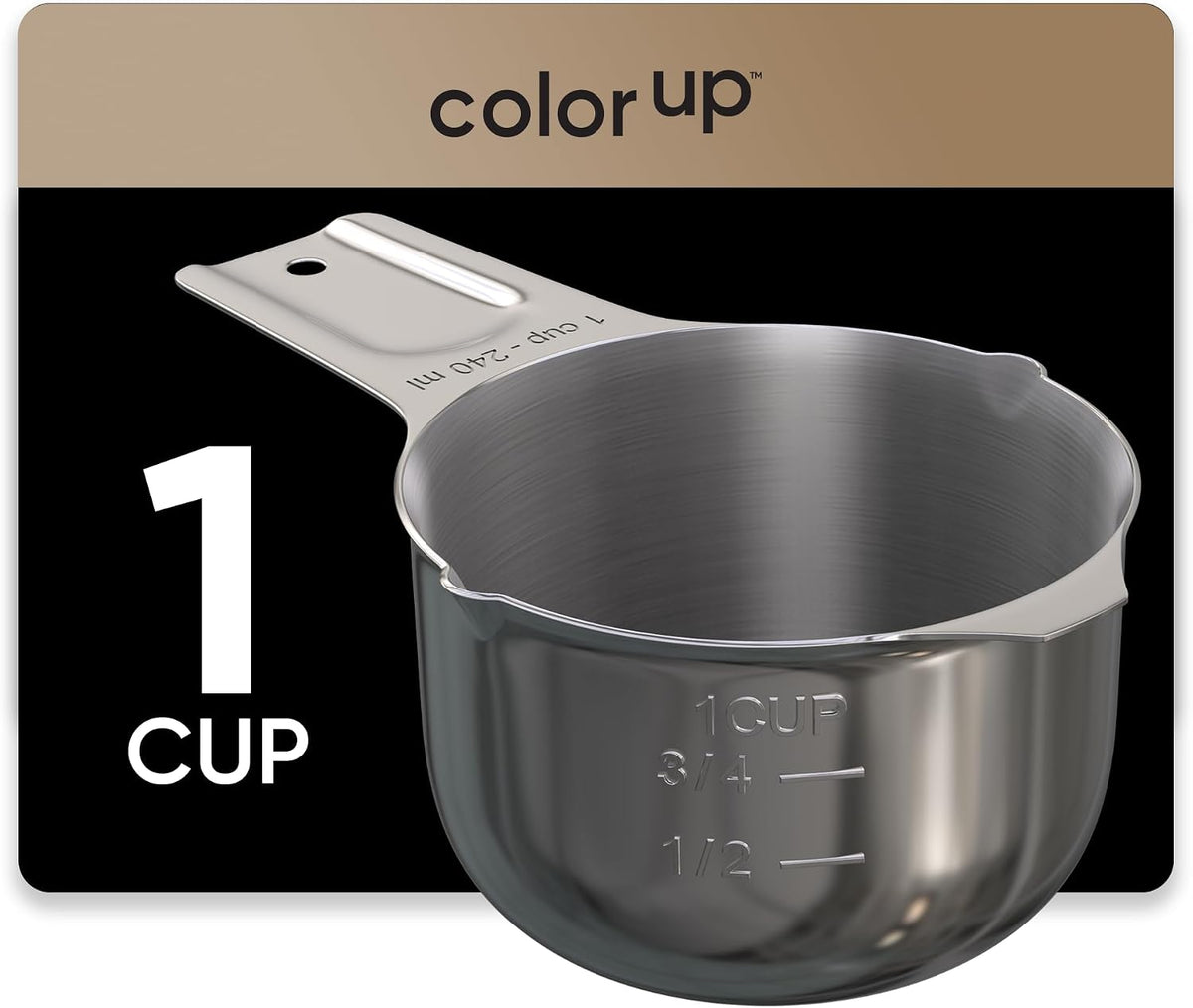 Color Up 2 Cup Measuring Cup, 480ml Stainless Steel Metal, Easy-Pour Spouts, Engraved Markings, Flat Base, Dishwasher Safe, for Dry and Liquid Ingredients