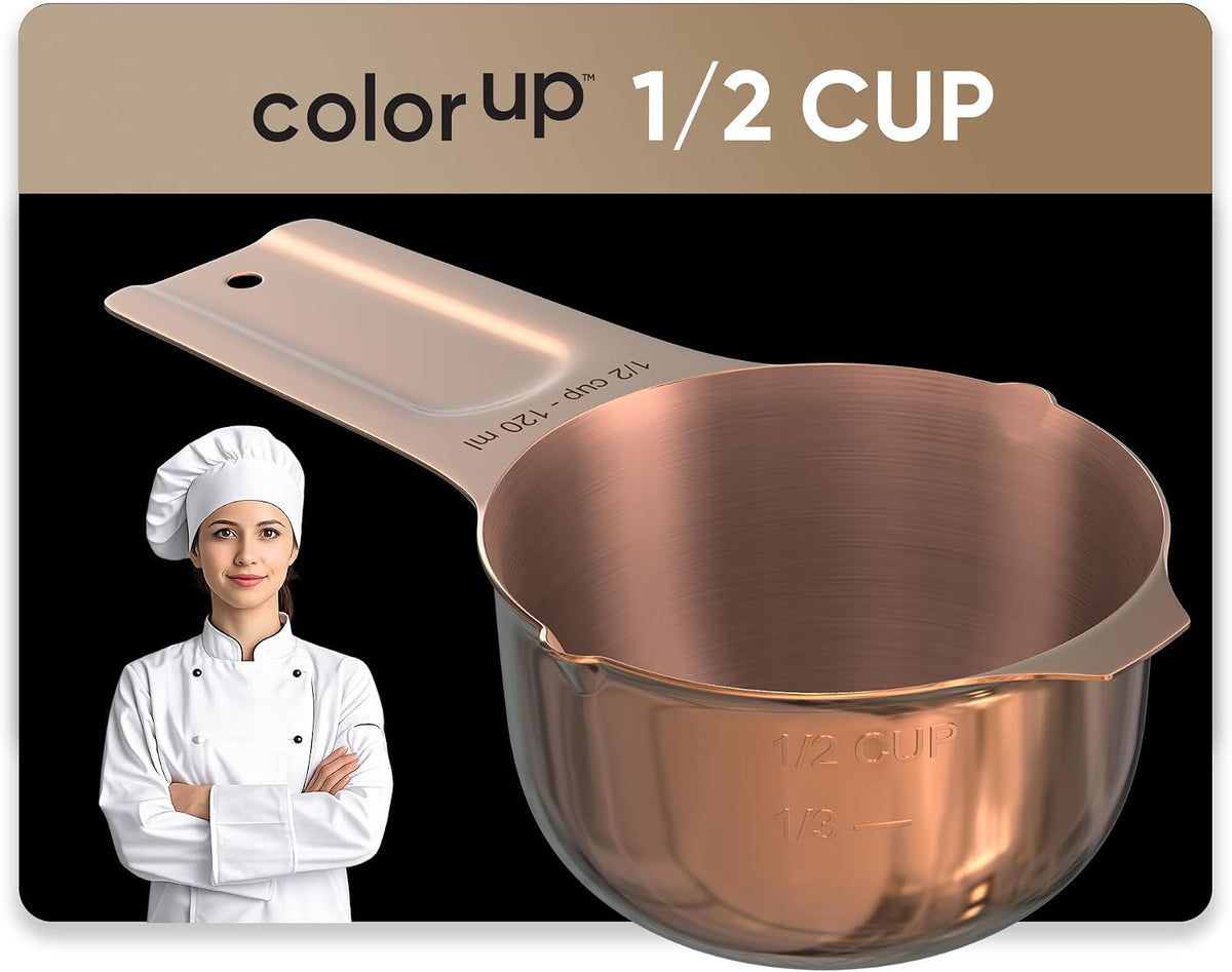 Color Up 2 Cup Measuring Cup, 480ml Stainless Steel Metal, Easy-Pour Spouts, Engraved Markings, Flat Base, Dishwasher Safe, for Dry and Liquid Ingredients
