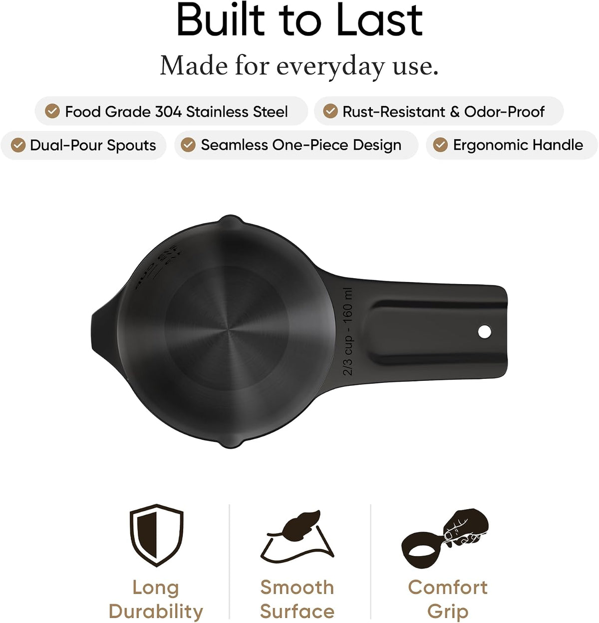 Color Up 2 Cup Measuring Cup, 480ml Stainless Steel Metal, Easy-Pour Spouts, Engraved Markings, Flat Base, Dishwasher Safe, for Dry and Liquid Ingredients