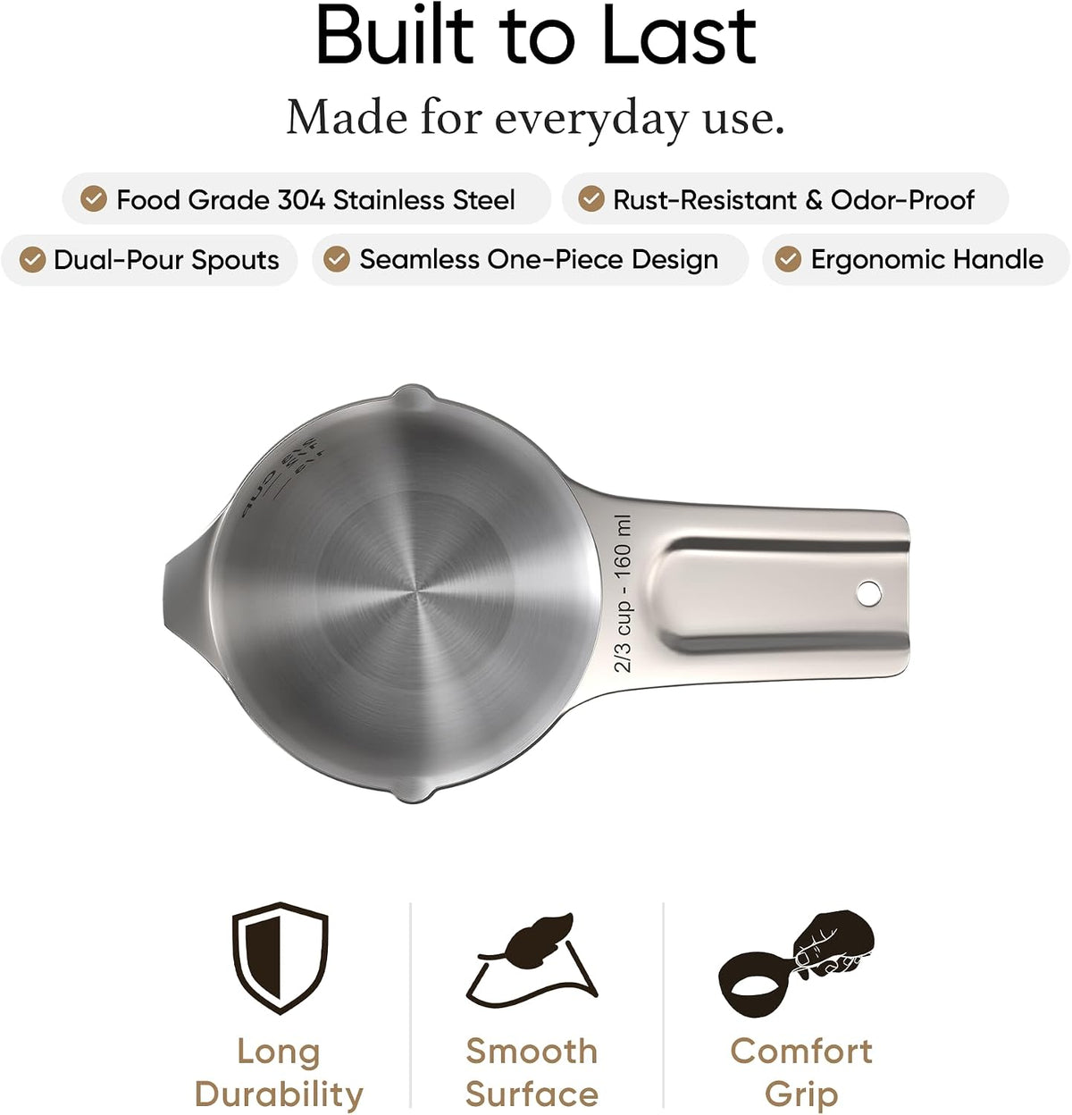 Color Up 2 Cup Measuring Cup, 480ml Stainless Steel Metal, Easy-Pour Spouts, Engraved Markings, Flat Base, Dishwasher Safe, for Dry and Liquid Ingredients