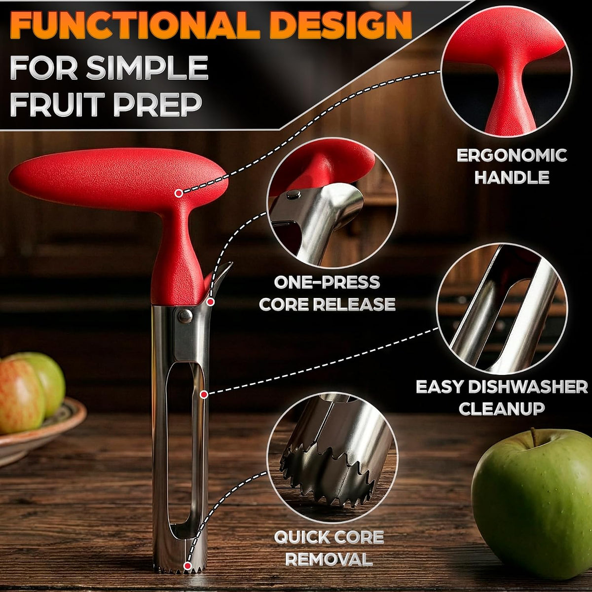 Apple Corer Tool, Stainless Steel Core Remover for Fruit, 7.3 Inches