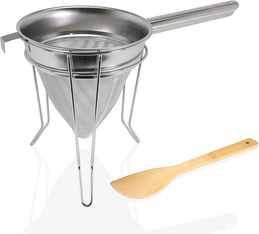 Premium 8" Chinois Fine Mesh Strainer Set with Stand & Bamboo Spatula – 18/8 Stainless Steel China Cap Cone Sieve, Professional Bouillon Strainer for Sauces, Soups, Broth, Stock, Jelly & Purees