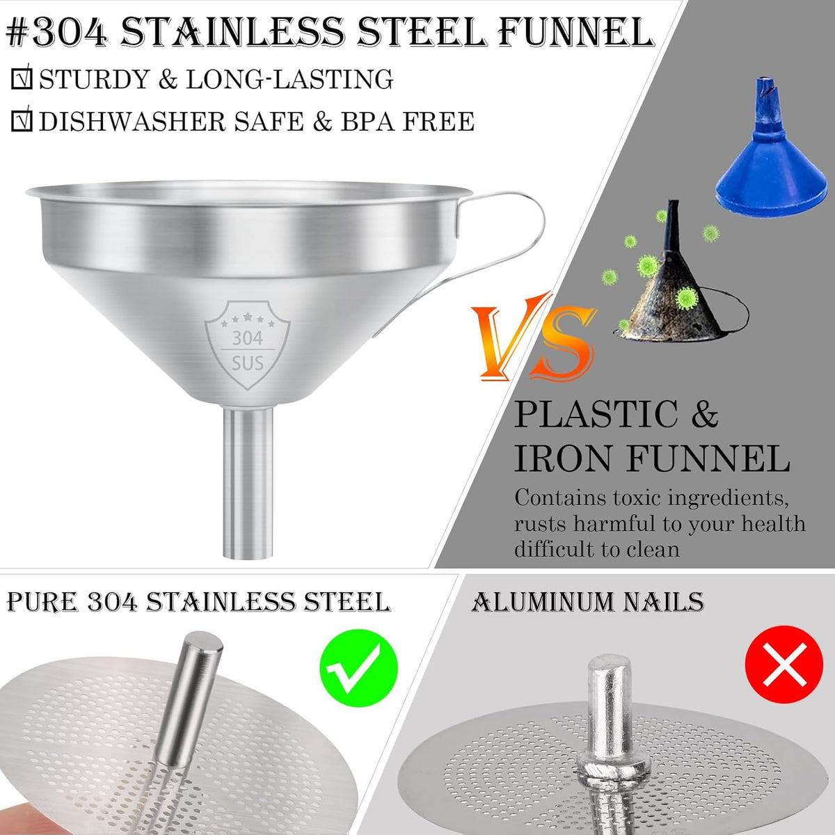 WMKGG 304 Stainless Steel Funnel,Funnels for Kitchen Use Filling Bottles