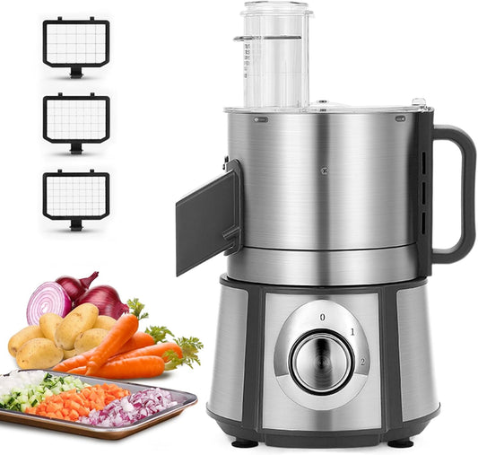 Electric Vegetable Dicer Stainless Steel Food Processor 16-Cup 300W Commercial Veggie Chopper Heavy Duty Fruits Cutter with 1/4" 3/8" 1/2" Blades Auto Discharge for Carrot Potato Onion
