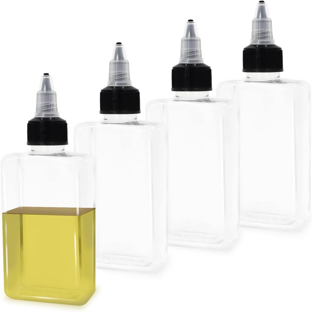 4Pcs Small Oil Dispenser Bottle for Camping, 3.4oz Leak-Proof Squeeze Condiment Bottle with Twist Top Cap, Liquid Condiment Container Dispensing Bottles for Oil Soy Sauce Vinegar