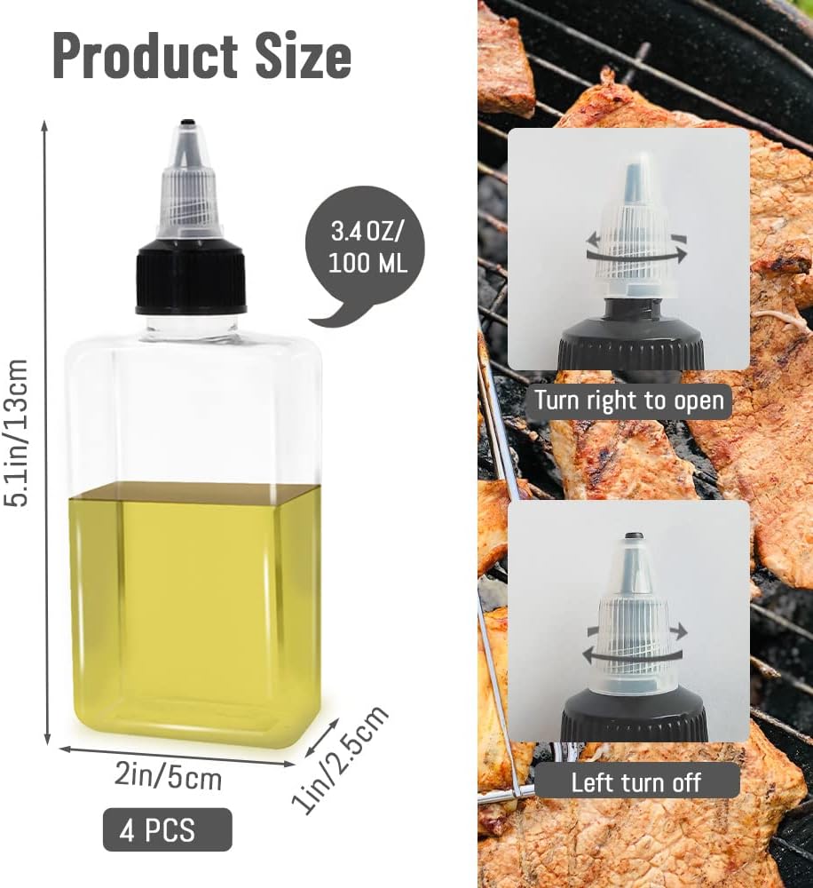 4Pcs Small Oil Dispenser Bottle for Camping, 3.4oz Leak-Proof Squeeze Condiment Bottle with Twist Top Cap, Liquid Condiment Container Dispensing Bottles for Oil Soy Sauce Vinegar