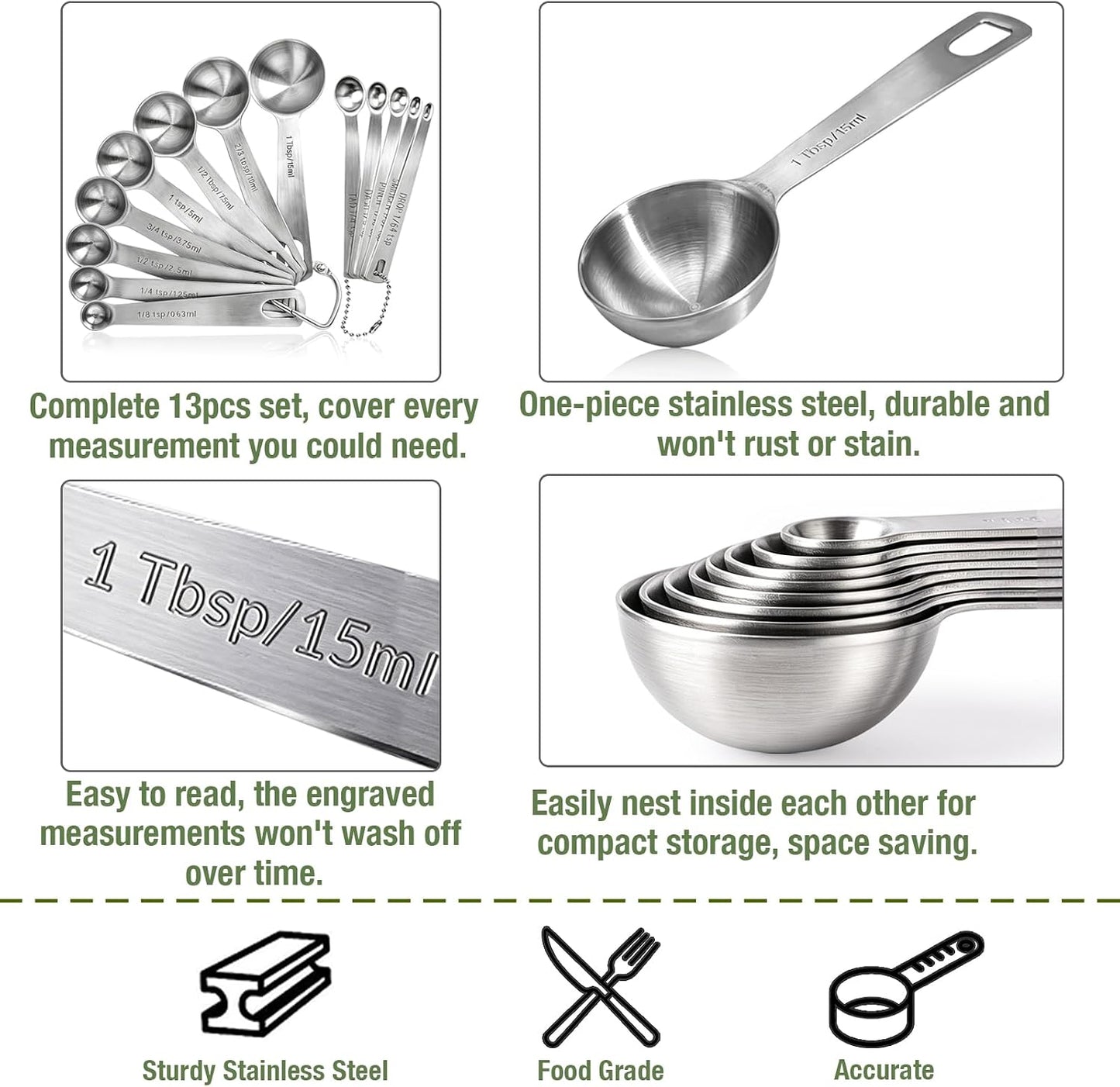 13 Pcs Measuring Spoons Tablespoon Teaspoon, Heavy Duty Metal 430 | 1/8 tsp, 1/4 tsp, 1/2 tsp, 3/4 tsp, 1 tsp, 1/2 tbsp, 2/3 tbsp & 1 tbsp Dry and Liquid Ingredients