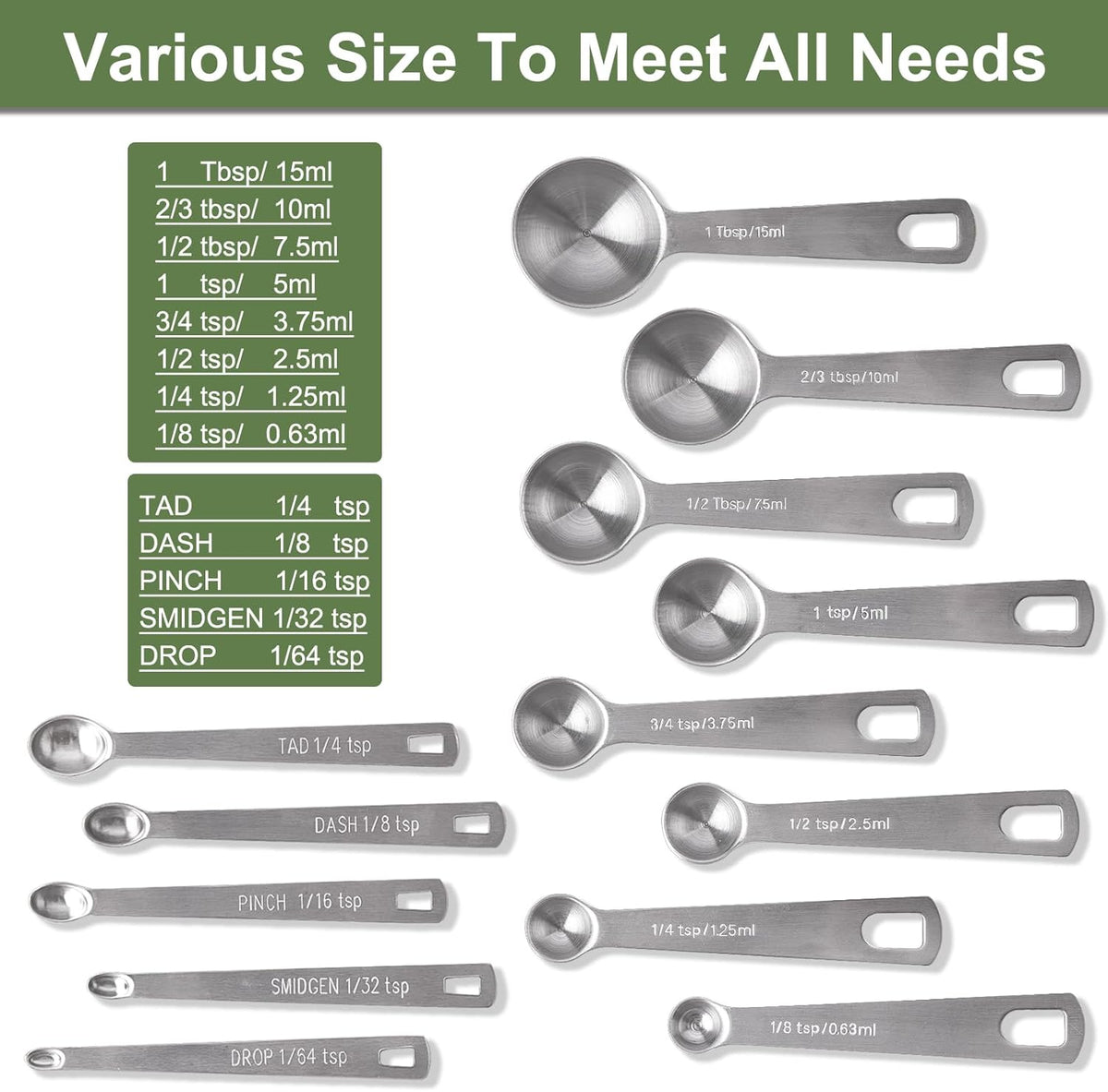 13 Pcs Measuring Spoons Tablespoon Teaspoon, Heavy Duty Metal 430 | 1/8 tsp, 1/4 tsp, 1/2 tsp, 3/4 tsp, 1 tsp, 1/2 tbsp, 2/3 tbsp & 1 tbsp Dry and Liquid Ingredients