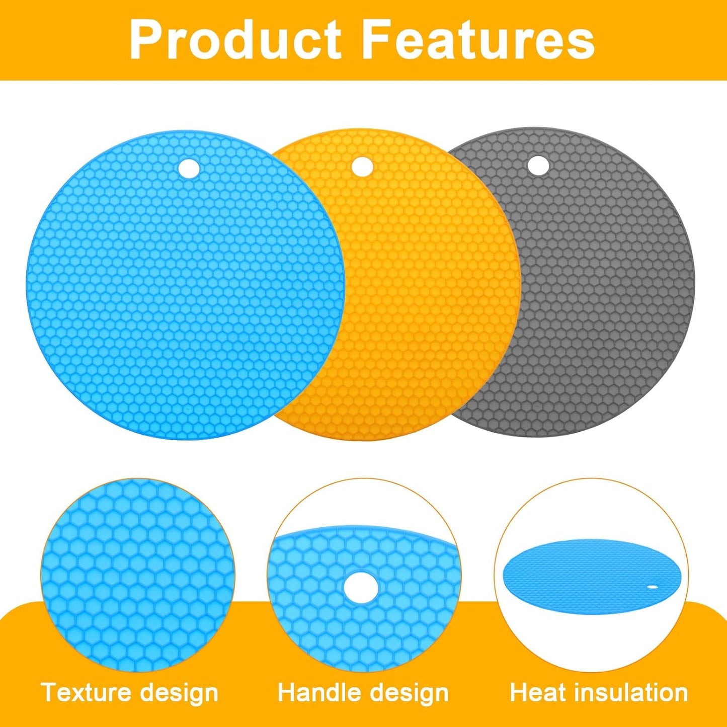 3pcs Silicone Jar Opener Pads, 17.5cm/7" Texture Can Opener Multipurpose Round Bottle Lid Opener Non-Slip Coasters for Weak Hands Seniors Children, Orange, Blue, Gray