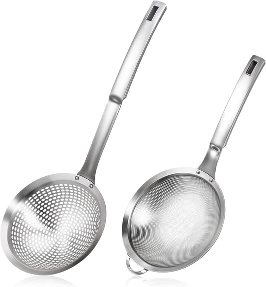 2 Pcs Large Holes Slotted Colander Frying Spoon Set With Handle, Fine Mesh Stainless Steel Sieve Food Strainer, Spider Strainer Skimmer, Handheld For Kitchen Cooking Tool
