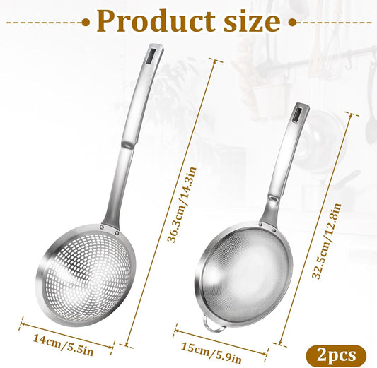 2 Pcs Large Holes Slotted Colander Frying Spoon Set With Handle, Fine Mesh Stainless Steel Sieve Food Strainer, Spider Strainer Skimmer, Handheld For Kitchen Cooking Tool