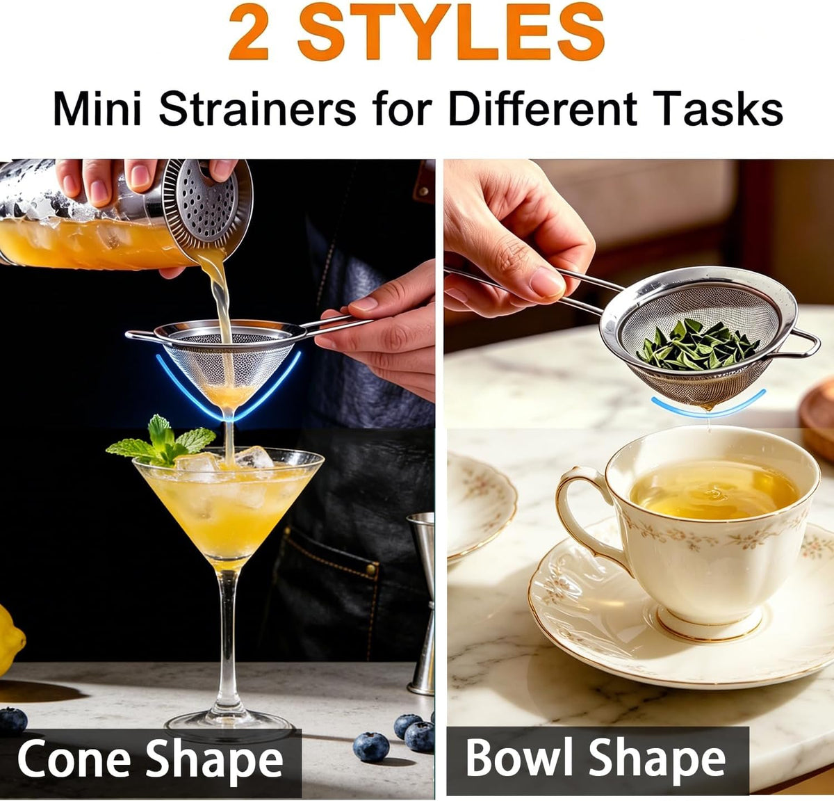 Small Fine Mesh Strainer Set, Stainless Steel Mini Sieve, Bar Strainer for Cocktail, Juice, Coffee, Tea Strainer for Loose Leaf Tea, Mini Sifter for Matcha, Flour, 2 PCS | 3.15 In Mini Strainer, for Cocktails, Loose Tea, Juice, Fits Most Cups and Mugs
