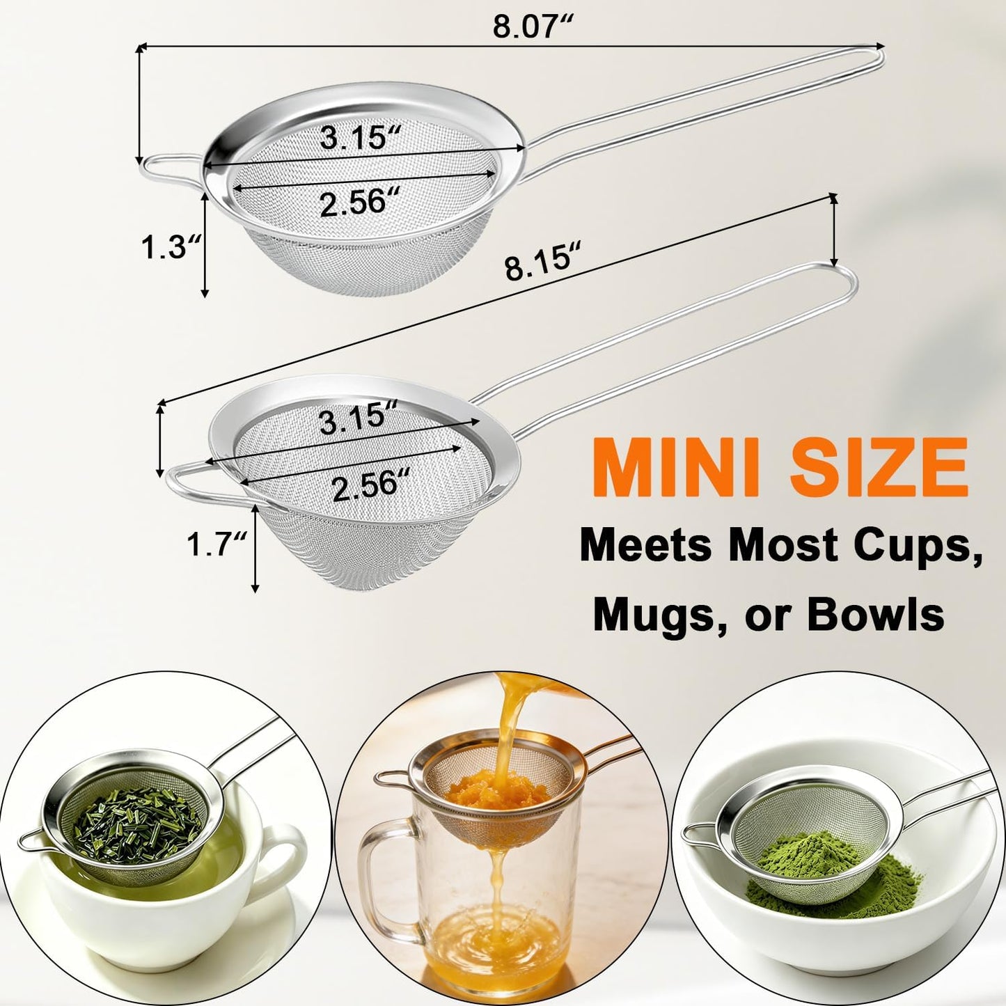 Small Fine Mesh Strainer Set, Stainless Steel Mini Sieve, Bar Strainer for Cocktail, Juice, Coffee, Tea Strainer for Loose Leaf Tea, Mini Sifter for Matcha, Flour, 2 PCS | 3.15 In Mini Strainer, for Cocktails, Loose Tea, Juice, Fits Most Cups and Mugs