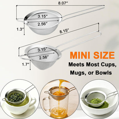 Small Fine Mesh Strainer Set, Stainless Steel Mini Sieve, Bar Strainer for Cocktail, Juice, Coffee, Tea Strainer for Loose Leaf Tea, Mini Sifter for Matcha, Flour, 2 PCS | 3.15 In Mini Strainer, for Cocktails, Loose Tea, Juice, Fits Most Cups and Mugs