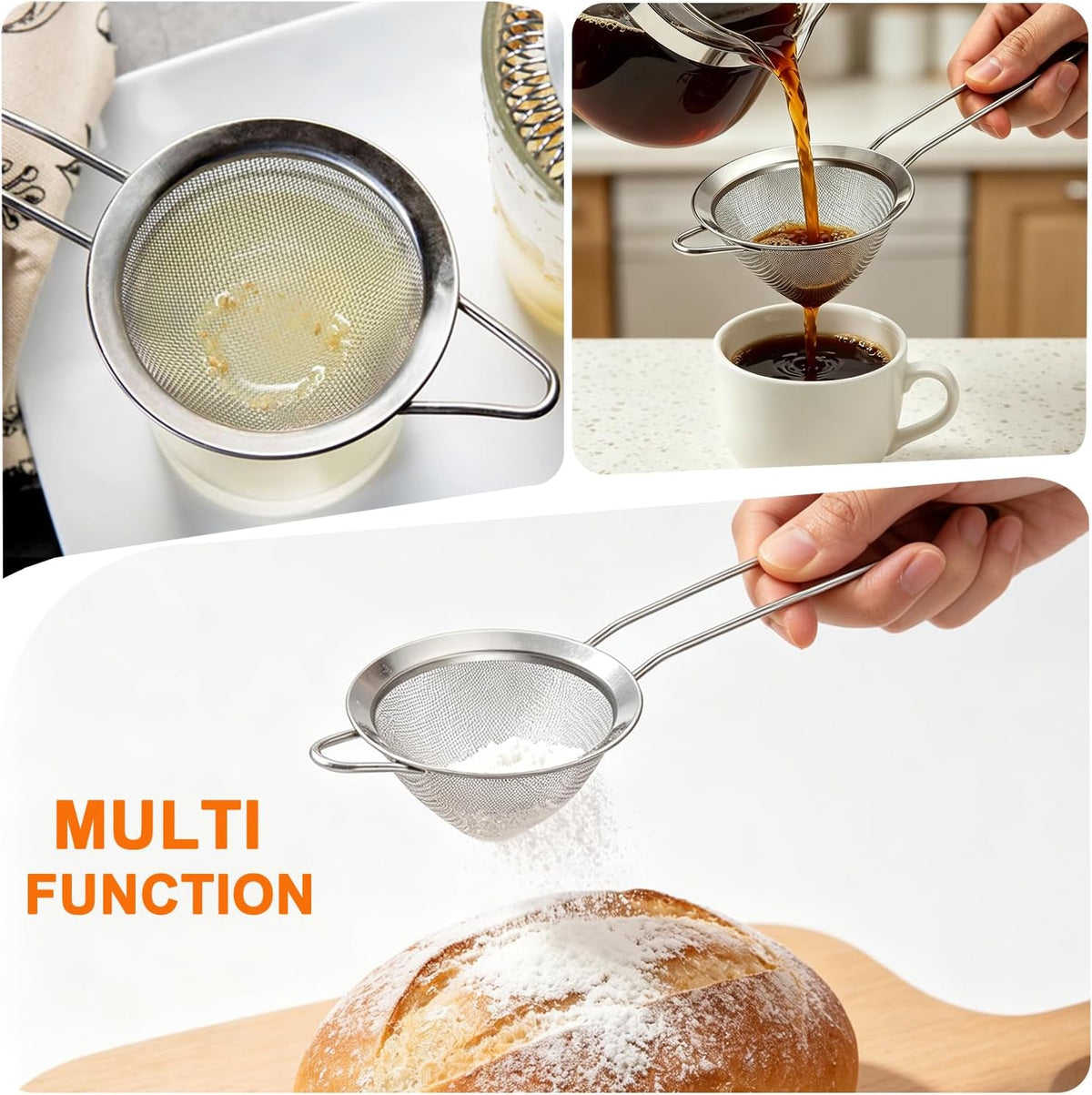 Small Fine Mesh Strainer Set, Stainless Steel Mini Sieve, Bar Strainer for Cocktail, Juice, Coffee, Tea Strainer for Loose Leaf Tea, Mini Sifter for Matcha, Flour, 2 PCS | 3.15 In Mini Strainer, for Cocktails, Loose Tea, Juice, Fits Most Cups and Mugs
