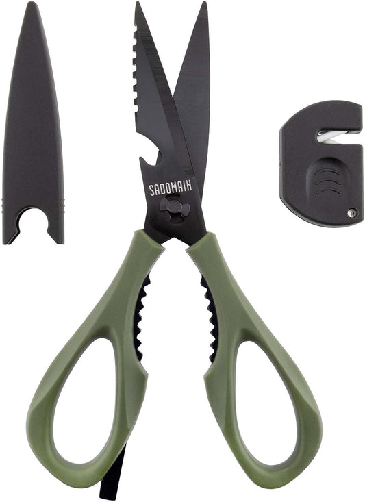 Come Apart Kitchen Shears, All Purpose Scissors for Food – Green | Bonus Sharpener+ Sheath, Premium Japanese 420J2 Steel, Ultra-sharp Serrated Blade, Anti-rust Titanium-plated, Dishwasher Safe