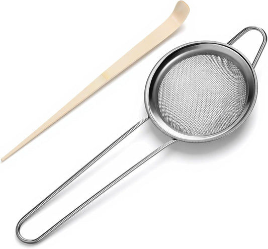 3" Matcha Sifter Small Sifter for Matchaa Strainer Small Mesh Strainer Fine Mesh Stainless Steel Tea Strainers, Bamboo Matcha Scoop Spoon Tools for Measuring