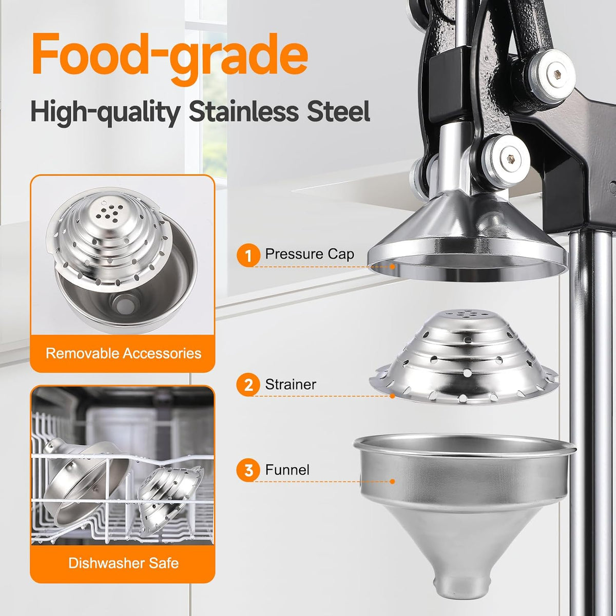 Cast Iron Manual Citrus Juicer, Heavy Duty Hand Press Orange Juicer with Stainless Steel Cup & Strainer, Commercial Grade Lemon Squeezer for Orange, Lemon, Lime, Grapefruit, Pomegranate