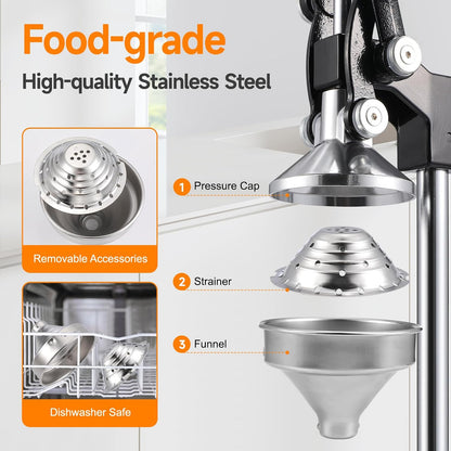 Cast Iron Manual Citrus Juicer, Heavy Duty Hand Press Orange Juicer with Stainless Steel Cup & Strainer, Commercial Grade Lemon Squeezer for Orange, Lemon, Lime, Grapefruit, Pomegranate