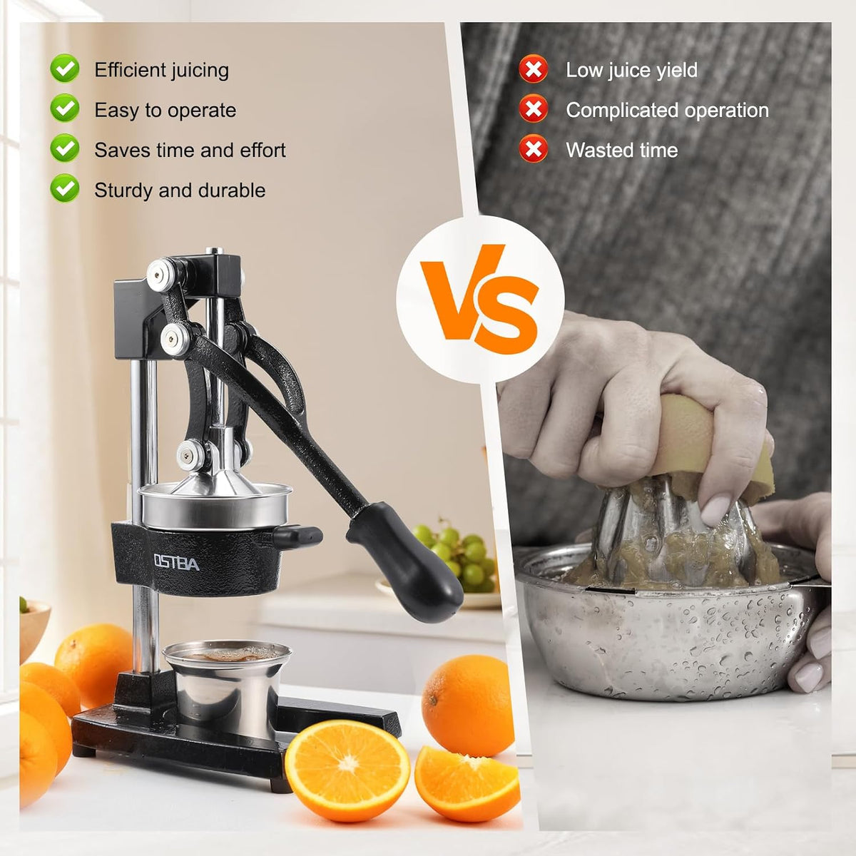 Cast Iron Manual Citrus Juicer, Heavy Duty Hand Press Orange Juicer with Stainless Steel Cup & Strainer, Commercial Grade Lemon Squeezer for Orange, Lemon, Lime, Grapefruit, Pomegranate