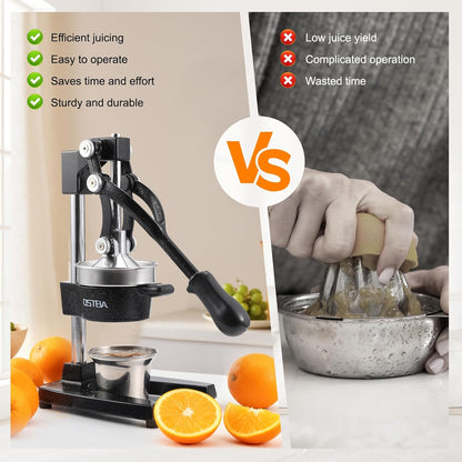 Cast Iron Manual Citrus Juicer, Heavy Duty Hand Press Orange Juicer with Stainless Steel Cup & Strainer, Commercial Grade Lemon Squeezer for Orange, Lemon, Lime, Grapefruit, Pomegranate