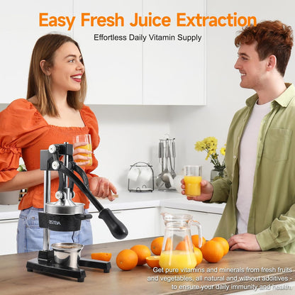 Cast Iron Manual Citrus Juicer, Heavy Duty Hand Press Orange Juicer with Stainless Steel Cup & Strainer, Commercial Grade Lemon Squeezer for Orange, Lemon, Lime, Grapefruit, Pomegranate