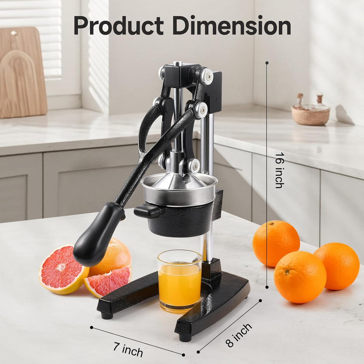 Cast Iron Manual Citrus Juicer, Heavy Duty Hand Press Orange Juicer with Stainless Steel Cup & Strainer, Commercial Grade Lemon Squeezer for Orange, Lemon, Lime, Grapefruit, Pomegranate