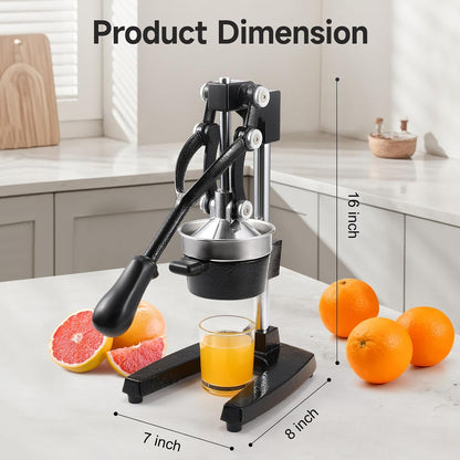 Cast Iron Manual Citrus Juicer, Heavy Duty Hand Press Orange Juicer with Stainless Steel Cup & Strainer, Commercial Grade Lemon Squeezer for Orange, Lemon, Lime, Grapefruit, Pomegranate