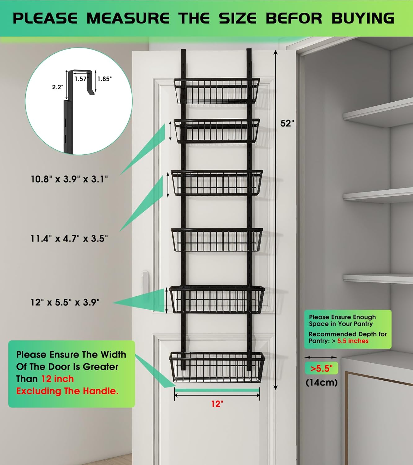 White 9-Tier Over The Door Pantry Organizer, Pantry Organization and Storage, Deep Baskets Hanging Heavy-Duty Metal, Wall Spice Rack Seasoning Shelves for Home & Kitchen, Laundry Room Bathroom