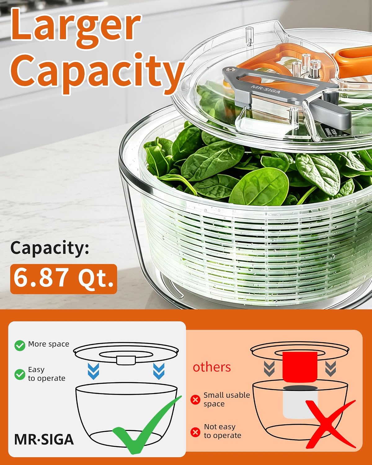 Large Salad Spinner Dryer, Vegetable Lettuce Spinner | Large 6.87 quart capacity, salad spinner and dryer for washing and spinning, ideal for draining greens, fruits, veggies