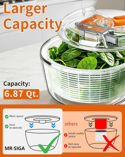 Large Salad Spinner Dryer, Vegetable Lettuce Spinner | Large 6.87 quart capacity, salad spinner and dryer for washing and spinning, ideal for draining greens, fruits, veggies