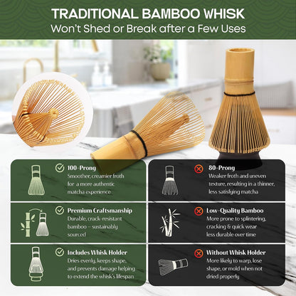 Matcha Whisk Set, 5 Pcs Matcha Set Kit Includes 15 OZ Ceramic Matcha Bowl, Bamboo Whisk, Holder, Sifter & Scoop, Tea Gift for Women Men Girl Friend, Christmas, Birthday, Halloween, Matcha Tea Ceremony