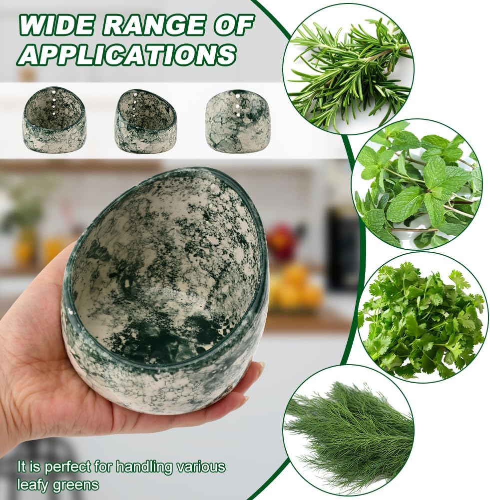 Upgrade Pottery Herb Stripper Bowl - Handmade Ceramic Peeling Cup with Round Holes, Efficient Leaf Removal Tool for Kale, Cilantro, Thyme, Parsley, Kitchen Gadget(Green)