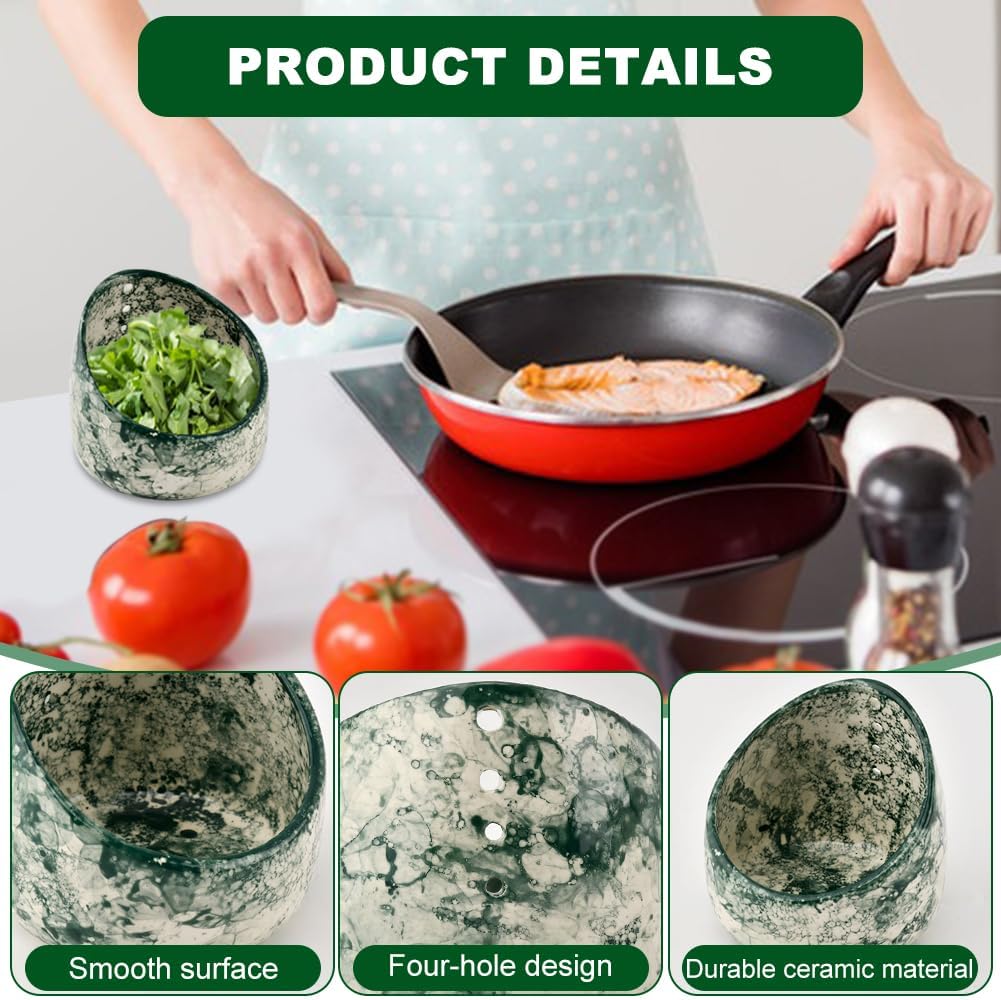 Upgrade Pottery Herb Stripper Bowl - Handmade Ceramic Peeling Cup with Round Holes, Efficient Leaf Removal Tool for Kale, Cilantro, Thyme, Parsley, Kitchen Gadget(Green)