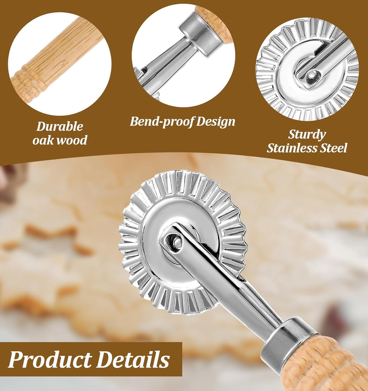 Fluted Pastry Wheel, Pastry Wheel Cutter Tool with Long Wooden Handle | Kitchen Cutter Tool, for Pasta, Dumplings, and Baking