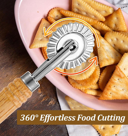 Fluted Pastry Wheel, Pastry Wheel Cutter Tool with Long Wooden Handle | Kitchen Cutter Tool, for Pasta, Dumplings, and Baking