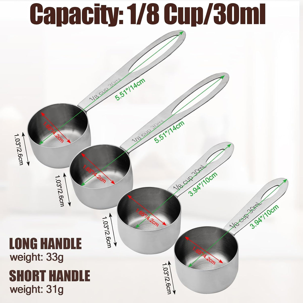 Stainless Steel Measuring Scoops, 1/8 Cup (30ml), 4 Pcs