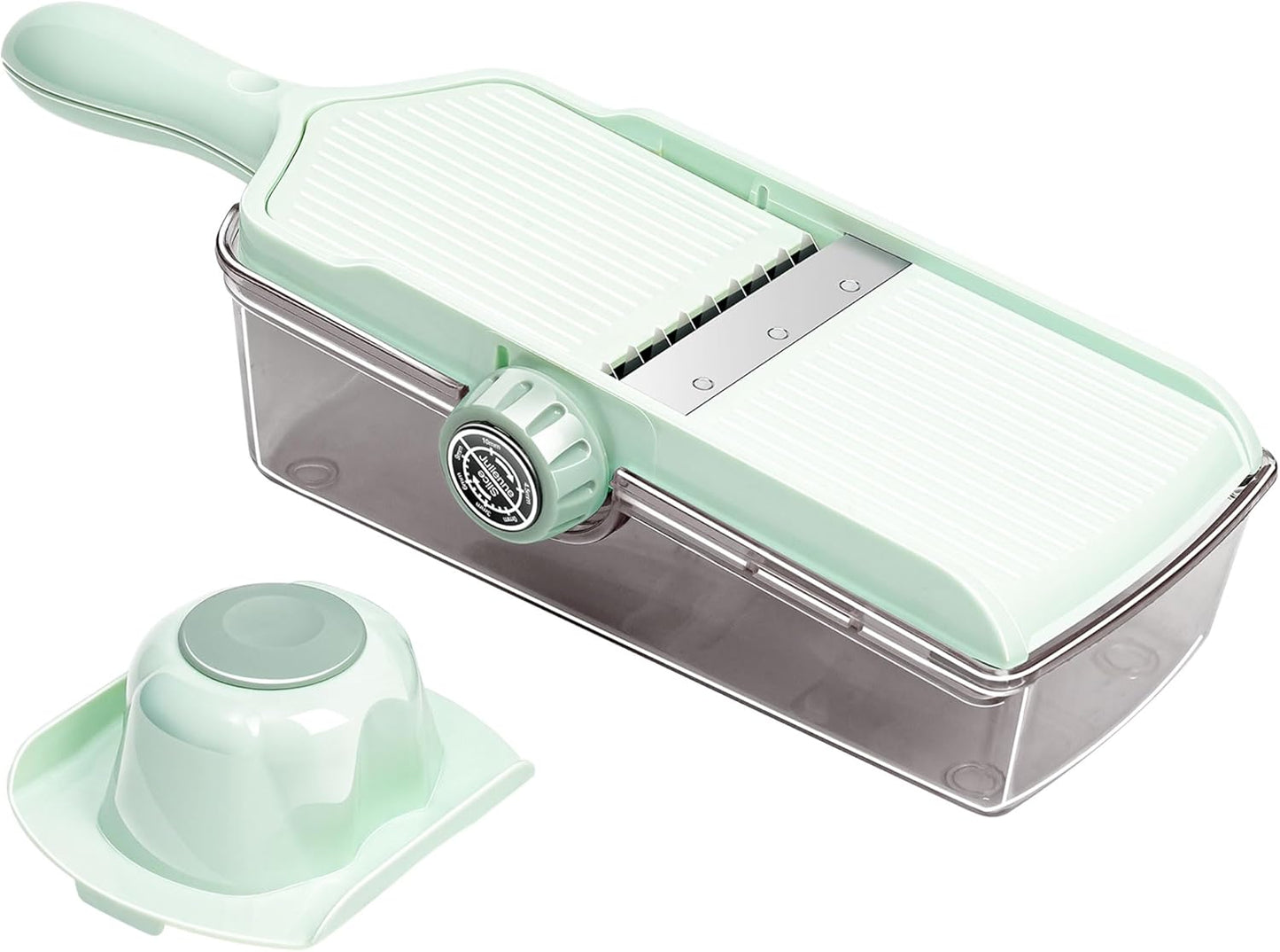 Multifunctional Vegetable Slicer Cheese Grater with Container– Built-in Blades for Effortless Slicing & Julienne Cutting – Safe Hand Guard & Adjustable Thickness