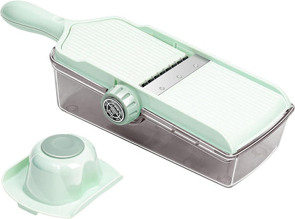 Multifunctional Vegetable Slicer Cheese Grater with Container– Built-in Blades for Effortless Slicing & Julienne Cutting – Safe Hand Guard & Adjustable Thickness