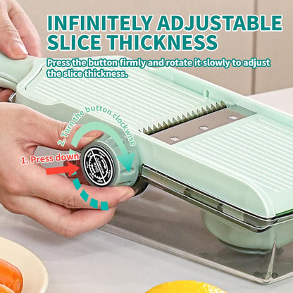 Multifunctional Vegetable Slicer Cheese Grater with Container– Built-in Blades for Effortless Slicing & Julienne Cutting – Safe Hand Guard & Adjustable Thickness