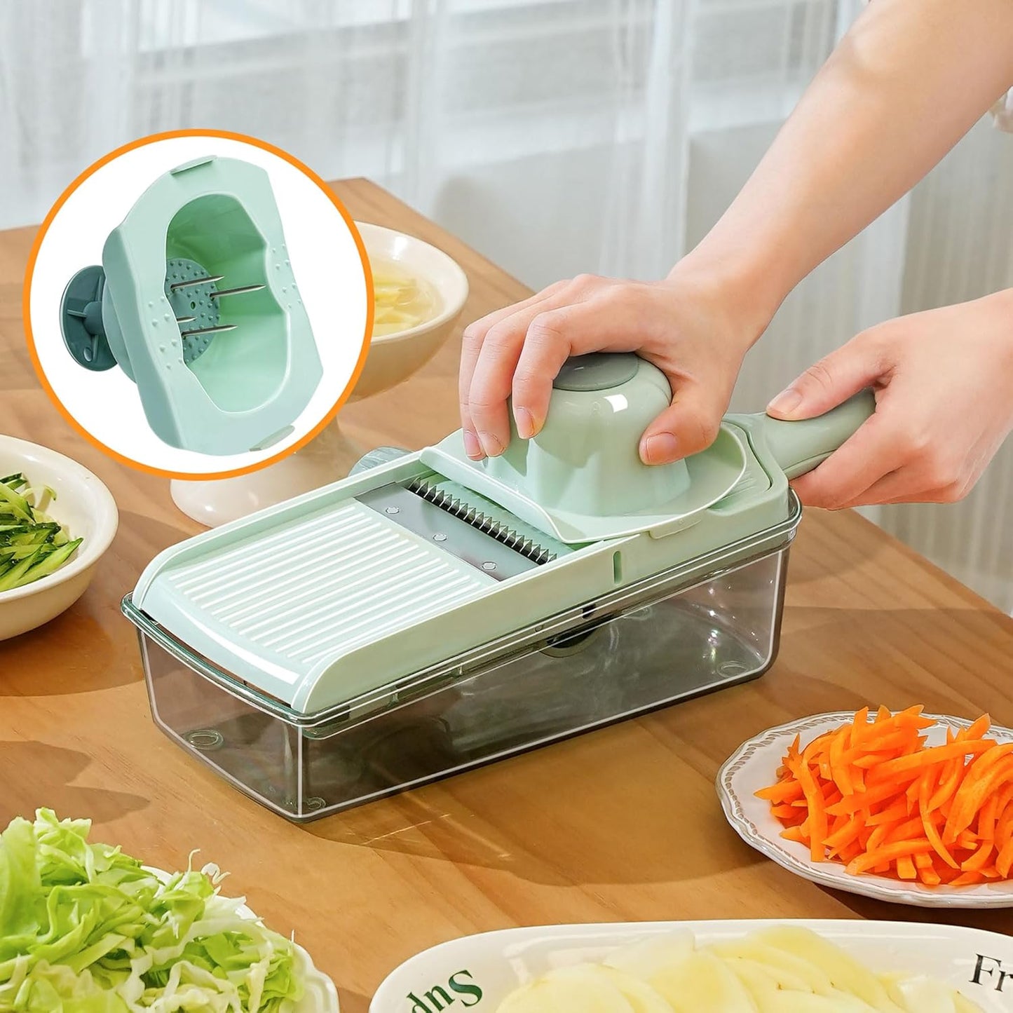 Multifunctional Vegetable Slicer Cheese Grater with Container– Built-in Blades for Effortless Slicing & Julienne Cutting – Safe Hand Guard & Adjustable Thickness