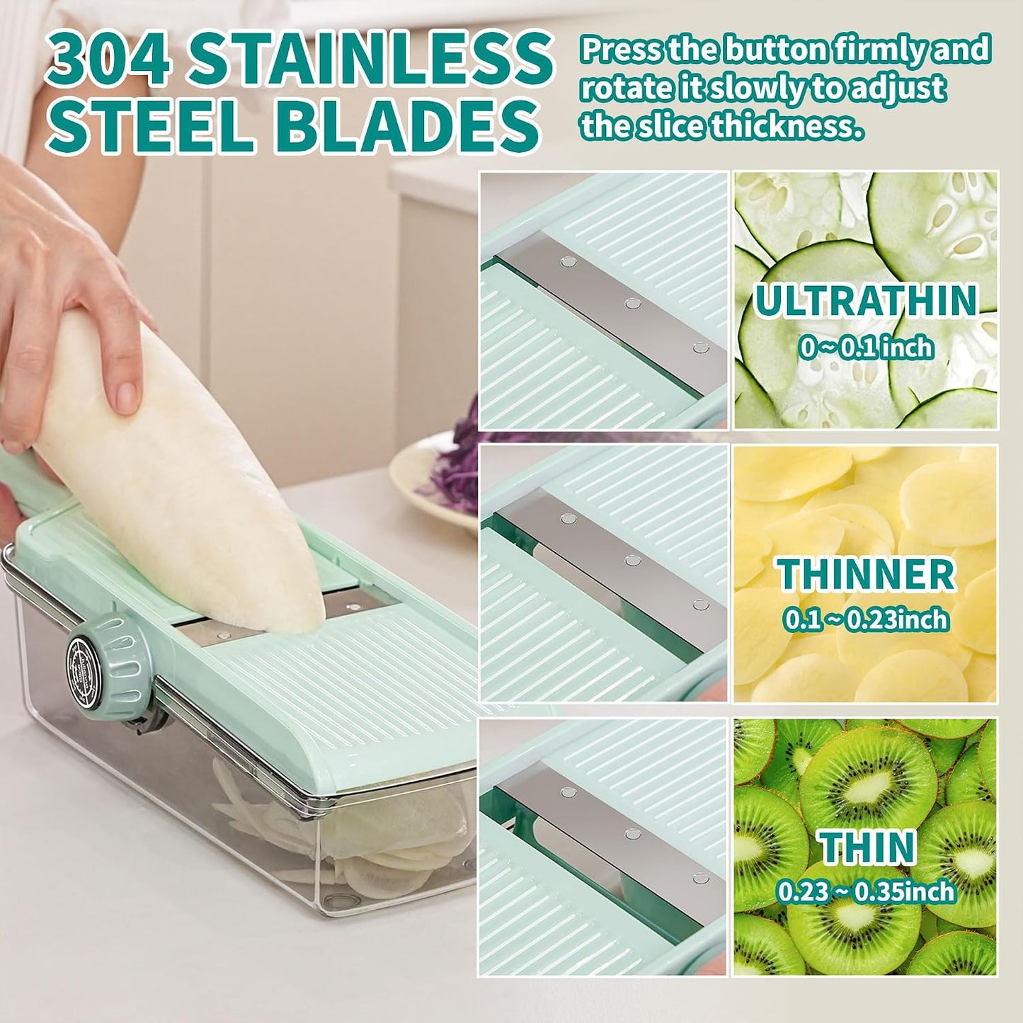 Multifunctional Vegetable Slicer Cheese Grater with Container– Built-in Blades for Effortless Slicing & Julienne Cutting – Safe Hand Guard & Adjustable Thickness