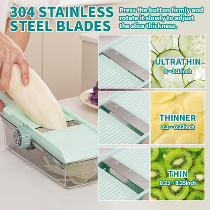 Multifunctional Vegetable Slicer Cheese Grater with Container– Built-in Blades for Effortless Slicing & Julienne Cutting – Safe Hand Guard & Adjustable Thickness
