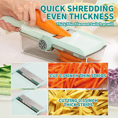 Multifunctional Vegetable Slicer Cheese Grater with Container– Built-in Blades for Effortless Slicing & Julienne Cutting – Safe Hand Guard & Adjustable Thickness