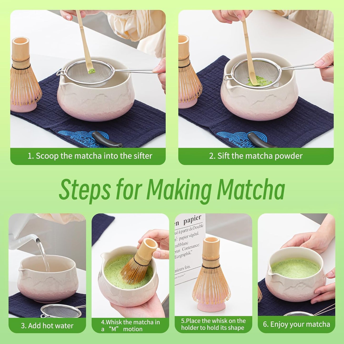7 Pcs Matcha Whisk Set Blue, Ceramic Matcha Set, Matcha Kit for Ceremony, Matcha Tea Set for Making Breakfast/Latte, Tradition Whisk Set and Bowl with Scoop&Sifter, Gift for Friend/Family