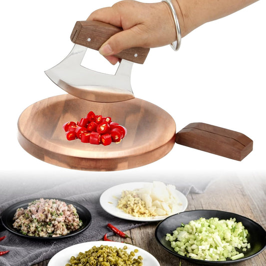 3 Pcs Mezzaluna Ulu Knife and Cutting Board Set, Alaska Pizza Cutter Rocker Chopper Slicer Knife Mezzaluna Knife with Base, Chopper Knife Kit with Wood Knife Storage Stand and Chopping Board