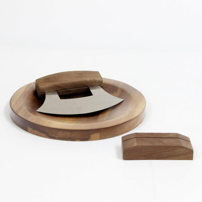 3 Pcs Mezzaluna Ulu Knife and Cutting Board Set, Alaska Pizza Cutter Rocker Chopper Slicer Knife Mezzaluna Knife with Base, Chopper Knife Kit with Wood Knife Storage Stand and Chopping Board