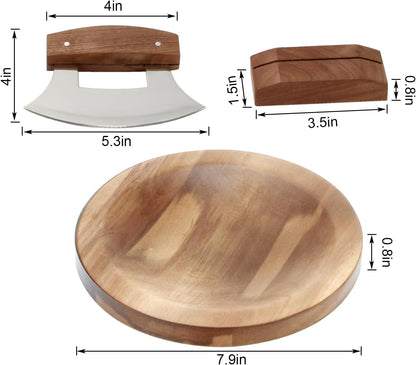 3 Pcs Mezzaluna Ulu Knife and Cutting Board Set, Alaska Pizza Cutter Rocker Chopper Slicer Knife Mezzaluna Knife with Base, Chopper Knife Kit with Wood Knife Storage Stand and Chopping Board